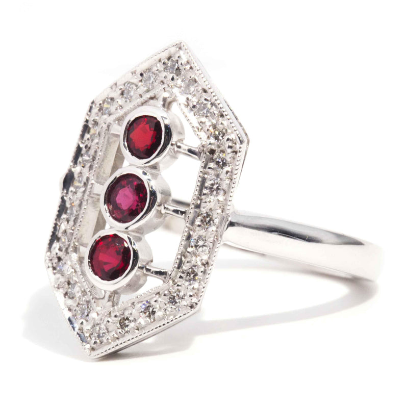 Vintage Circa 1970s 18 Carat Yellow Gold Ruby & Diamond Art Deco Ring