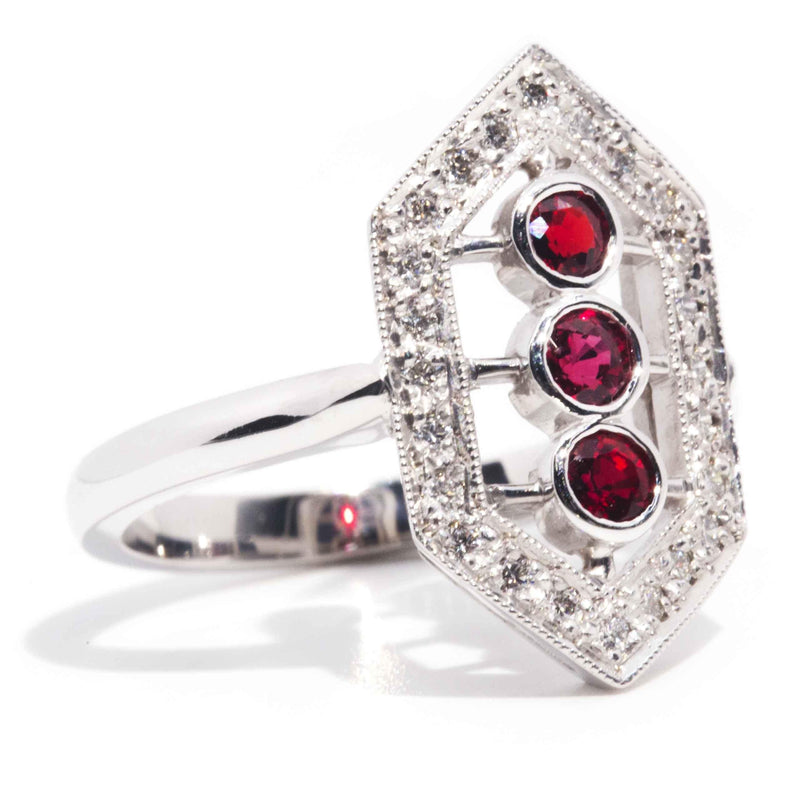 Vintage Circa 1970s 18 Carat Yellow Gold Ruby & Diamond Art Deco Ring