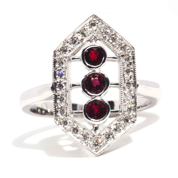 Vintage Circa 1970s 18 Carat Yellow Gold Ruby & Diamond Art Deco Ring