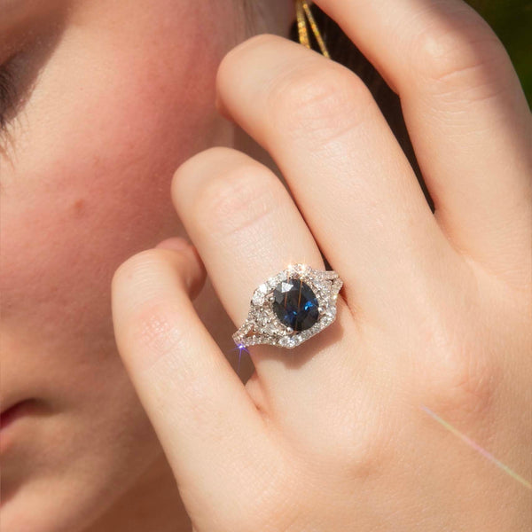 Elouise Sapphire Diamond Two Tone Halo Ring 18ct Gold Rings Imperial Jewellery 