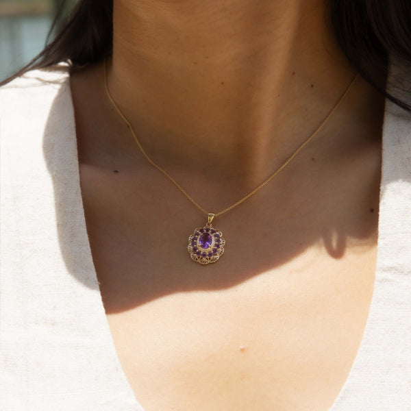 Elowyn 1990s Amethyst Flower Halo Pendant 9ct Gold Pendants/Necklaces Imperial Jewellery 