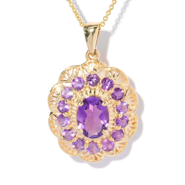 Elowyn 1990s Amethyst Flower Halo Pendant 9ct Gold Pendants/Necklaces Imperial Jewellery 