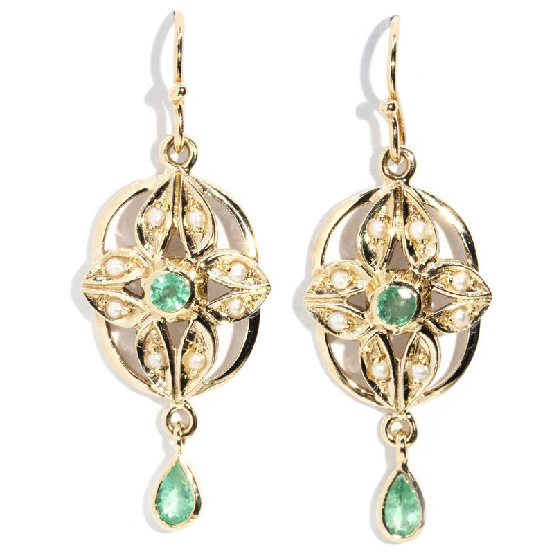 Elsie Emerald & Seed Pearls 9ct Gold Drop Earrings Earrings Imperial Jewellery 