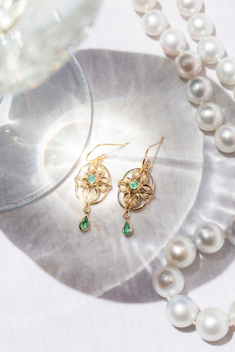 Elsie Emerald & Seed Pearls 9ct Gold Drop Earrings Earrings Imperial Jewellery 