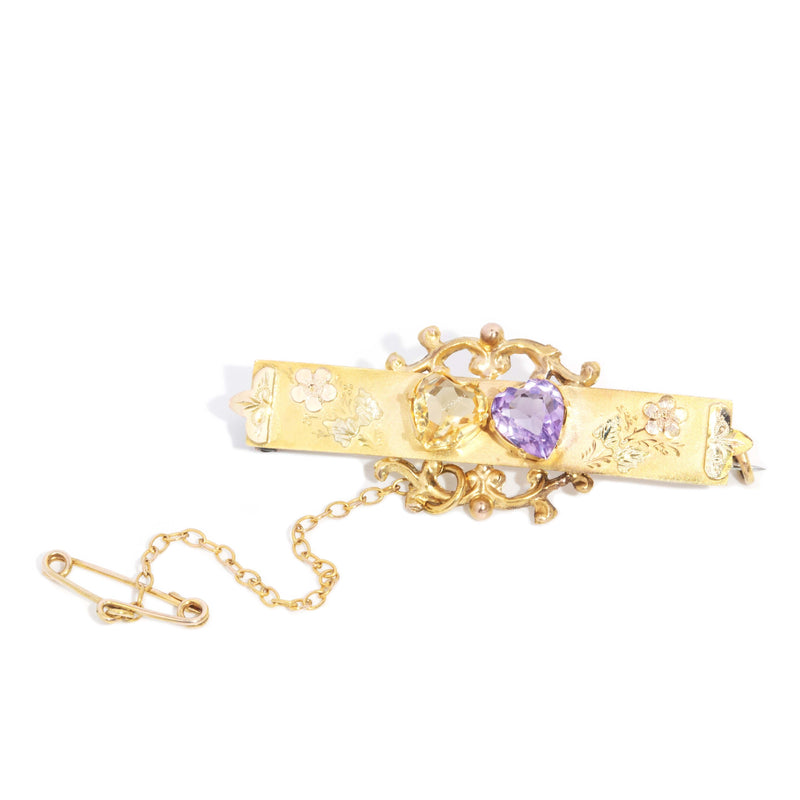 Antique Circa 1900s Amethyst & Citrine Nature Brooch 9 Carat Yellow Gold