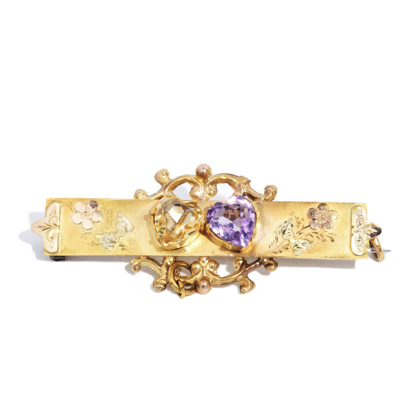 Antique Circa 1900s Amethyst & Citrine Nature Brooch 9 Carat Yellow Gold
