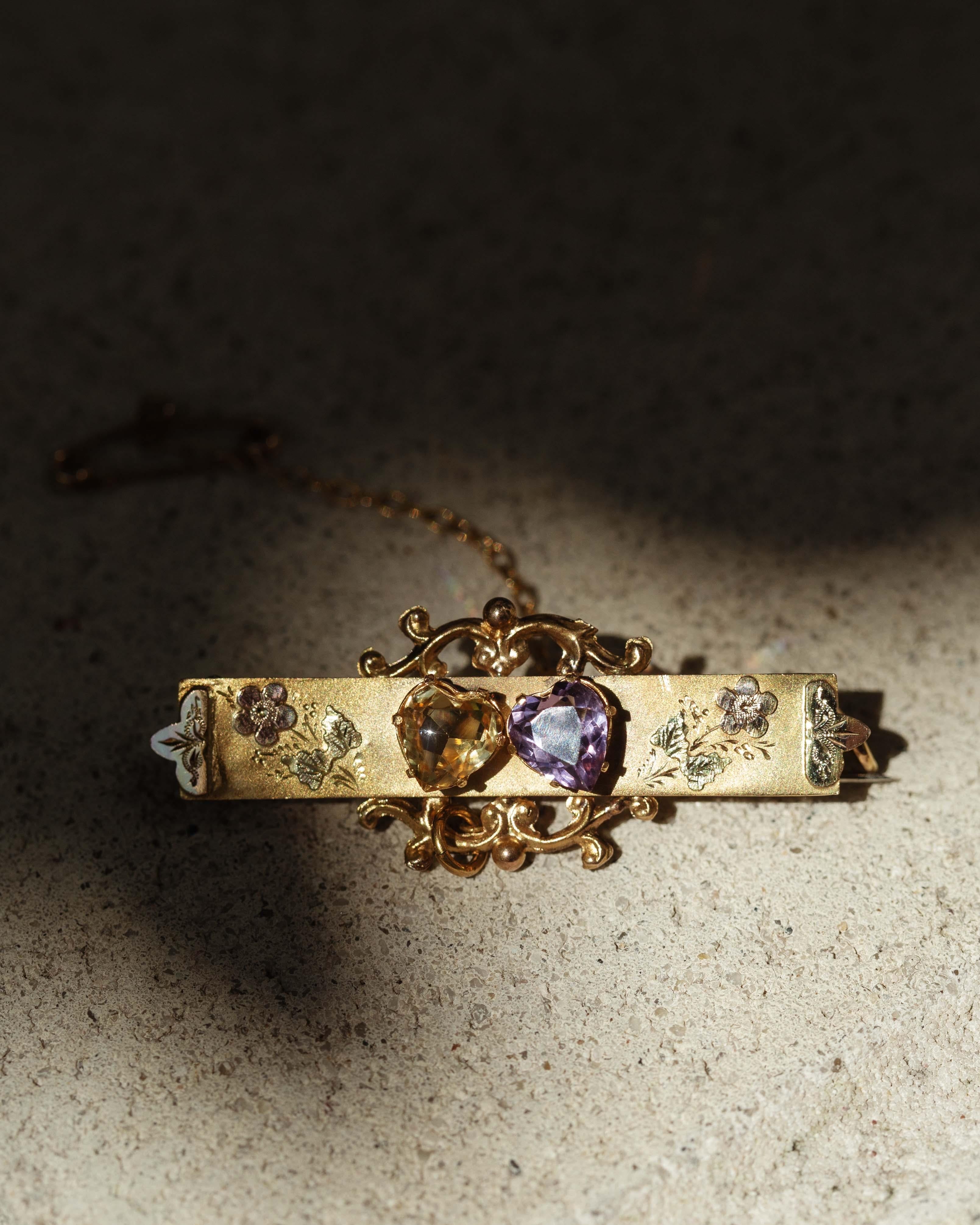 Antique Circa 1900s Amethyst & Citrine Nature Brooch 9 Carat Yellow Gold