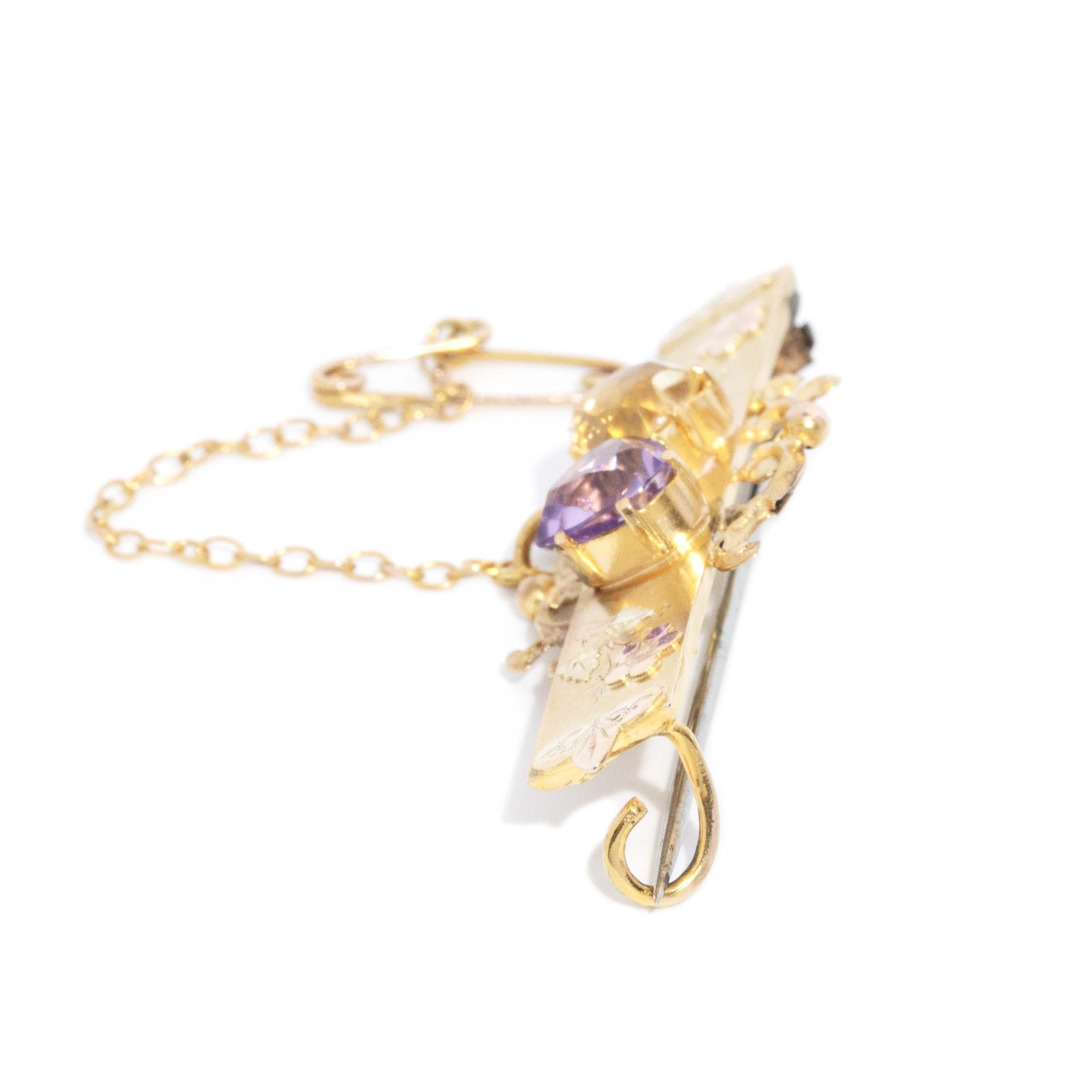Antique Circa 1900s Amethyst & Citrine Nature Brooch 9 Carat Yellow Gold
