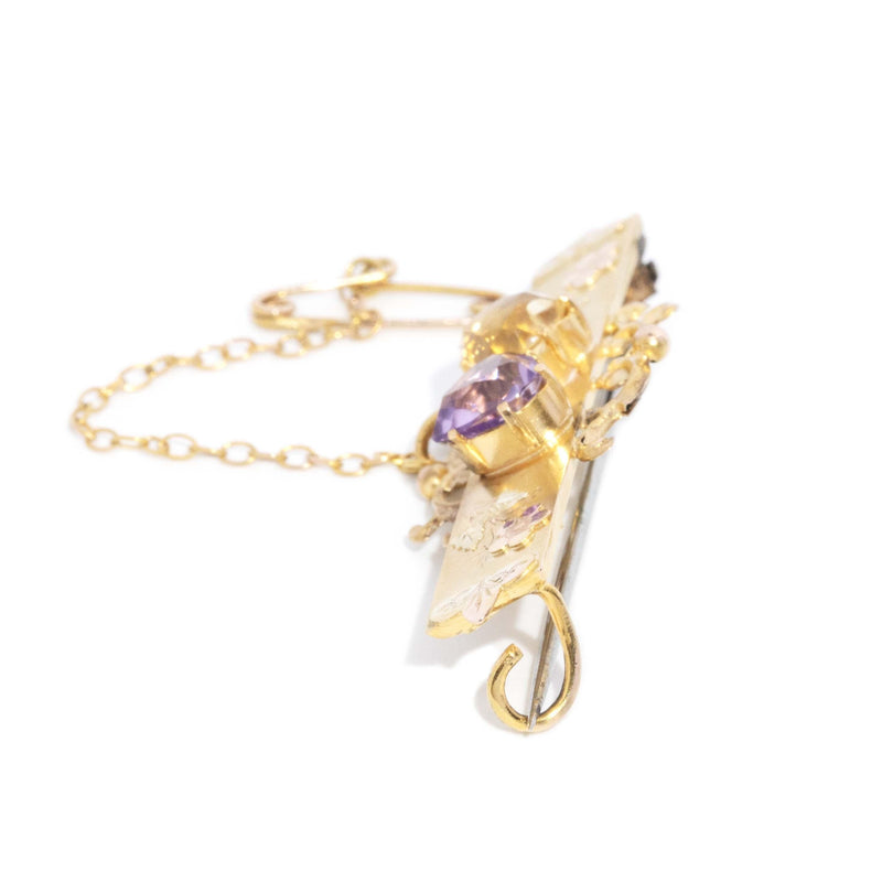 Antique Circa 1900s Amethyst & Citrine Nature Brooch 9 Carat Yellow Gold