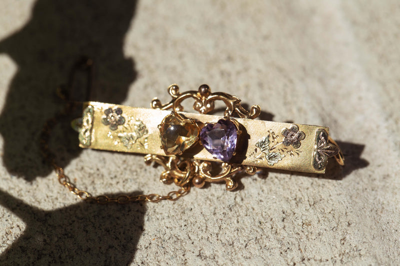Antique Circa 1900s Amethyst & Citrine Nature Brooch 9 Carat Yellow Gold
