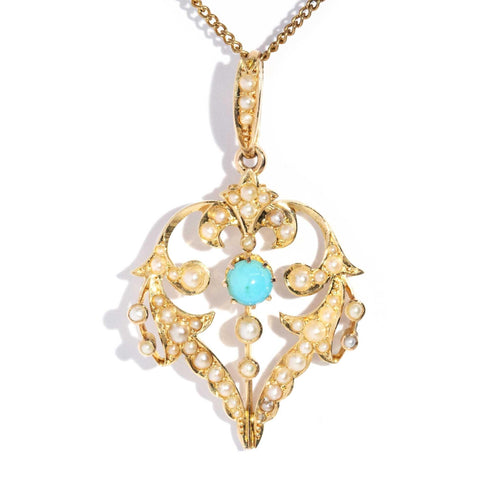 Elwyn Edwardian Turquoise & Pearl Pendant 15K Yellow Gold