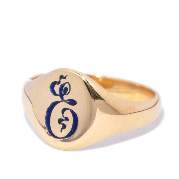 Erikson Antique Enamel 'E' Signet Ring 18ct Yellow Gold Rings Imperial Jewellery 