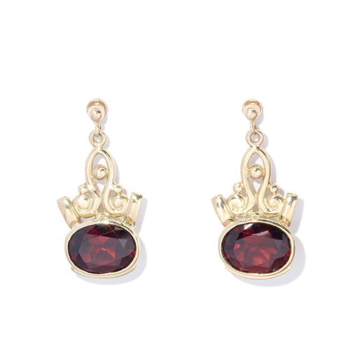 Ermine Garnet Filigree Tiara Drop Earrings 9K Yellow Gold