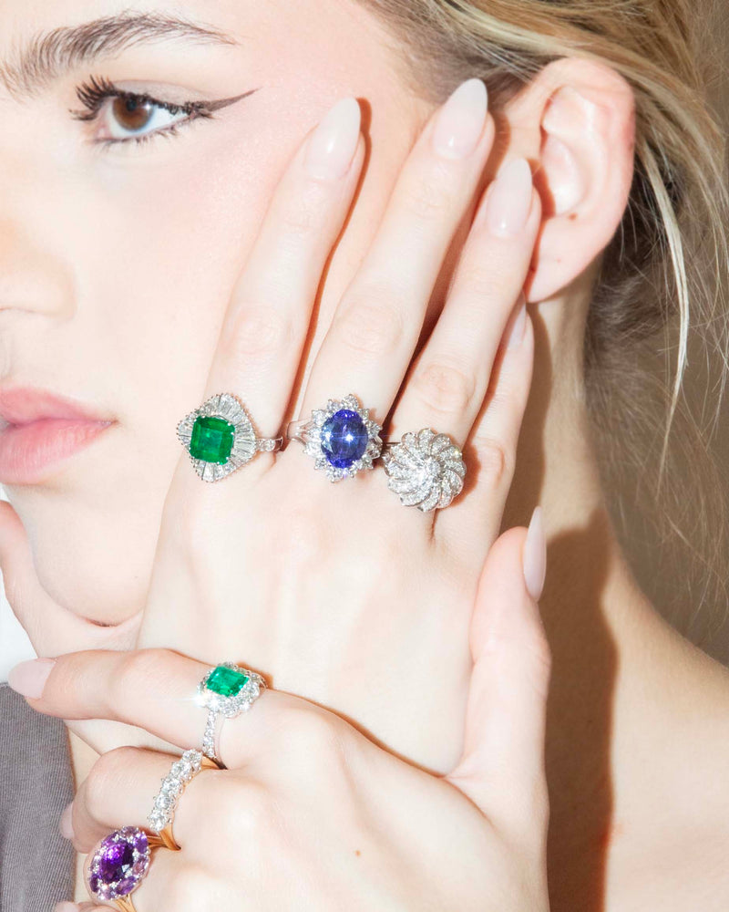 Esperanza 1980s Emerald & Diamond Platinum Cluster Ring Ring Imperial Jewellery 