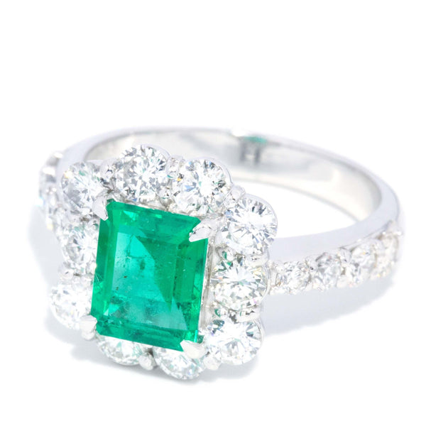 Vintage Circa 1980s Emerald & Diamond Platinum Halo Cluster Ring