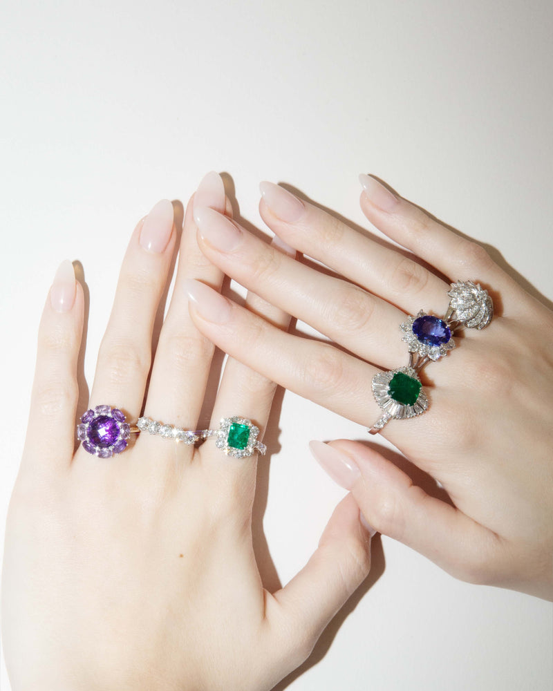 Esperanza 1980s Emerald & Diamond Platinum Cluster Ring Ring Imperial Jewellery 