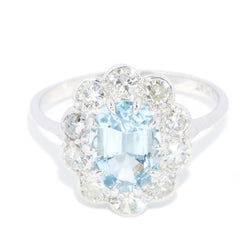 Vintage Circa 1950s Aquamarine Diamond Ring 18 Carat White Gold