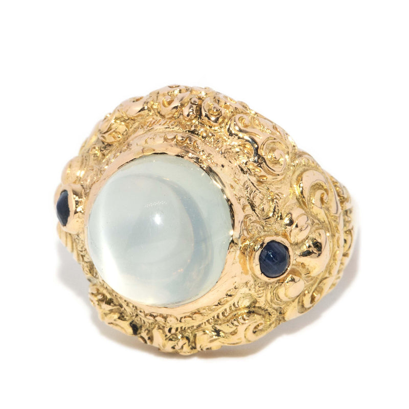 Vintage Circa 1980s Cats Eye Moonstone & Sapphire Ring 18 Carat Gold