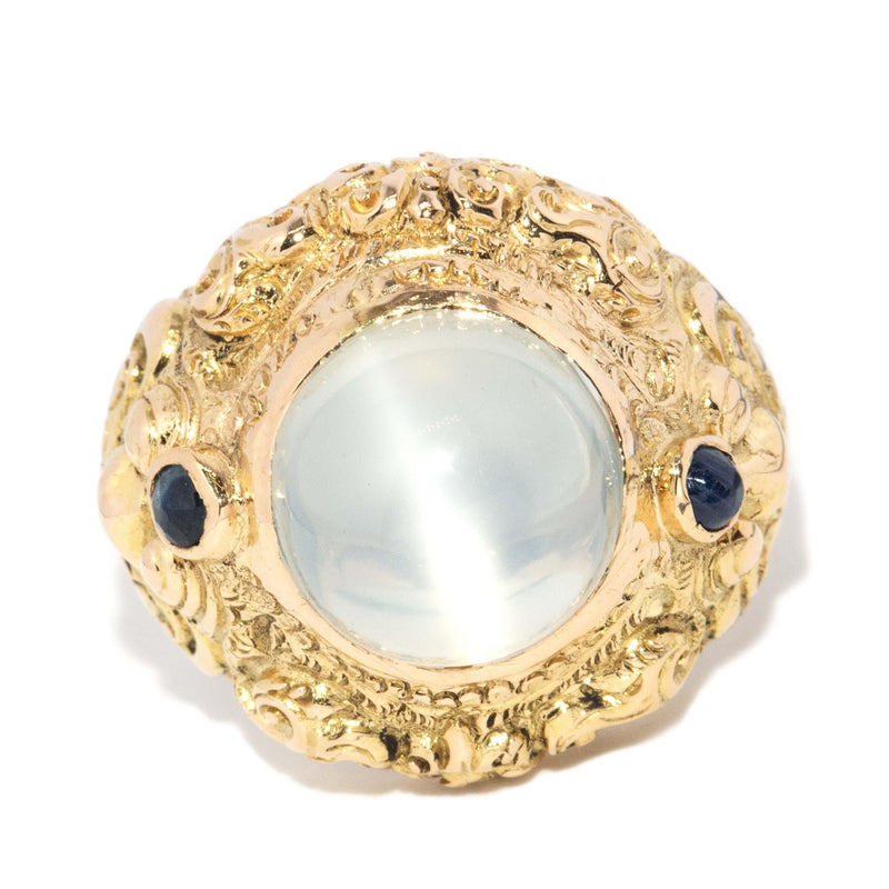 Vintage Circa 1980s Cats Eye Moonstone & Sapphire Ring 18 Carat Gold