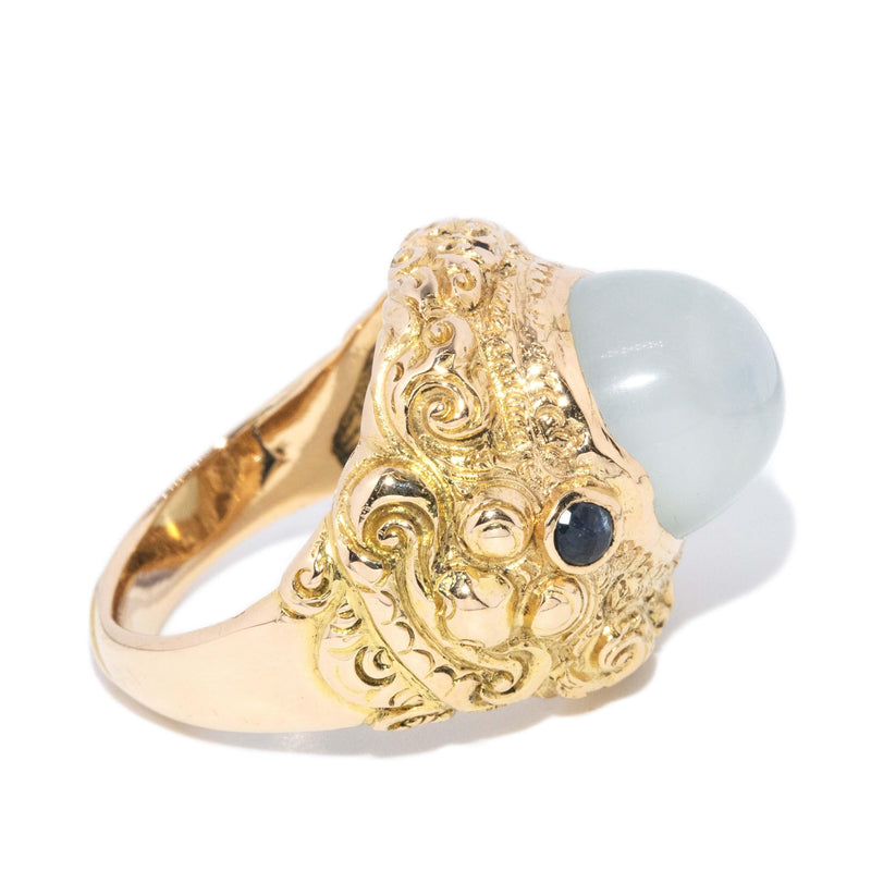 Vintage Circa 1980s Cats Eye Moonstone & Sapphire Ring 18 Carat Gold