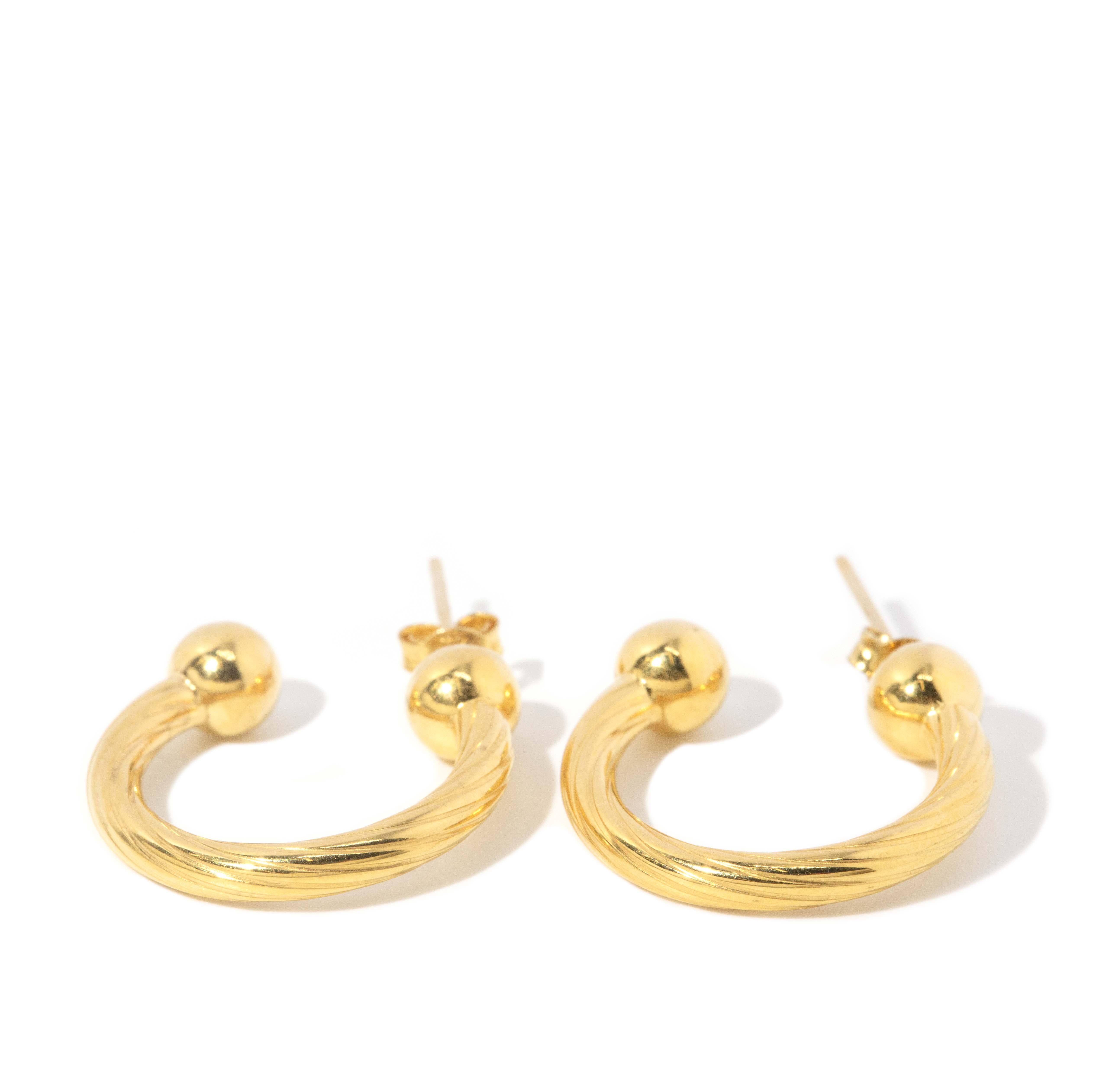 Vintage Circa 1980s Textured Three Quarter Hoop Studs 18 Carat Gold