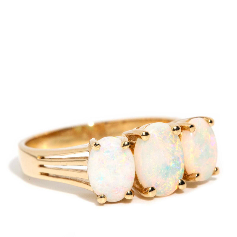 Evelyn 1970s Solid Australian Opal Three Stone Ring 14ct Gold Rings Imperial Jewellery 