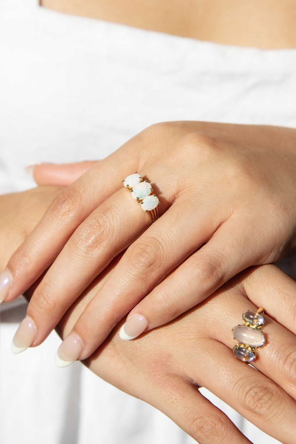 Evelyn 1970s Solid Australian Opal Three Stone Ring 14ct Gold Rings Imperial Jewellery 