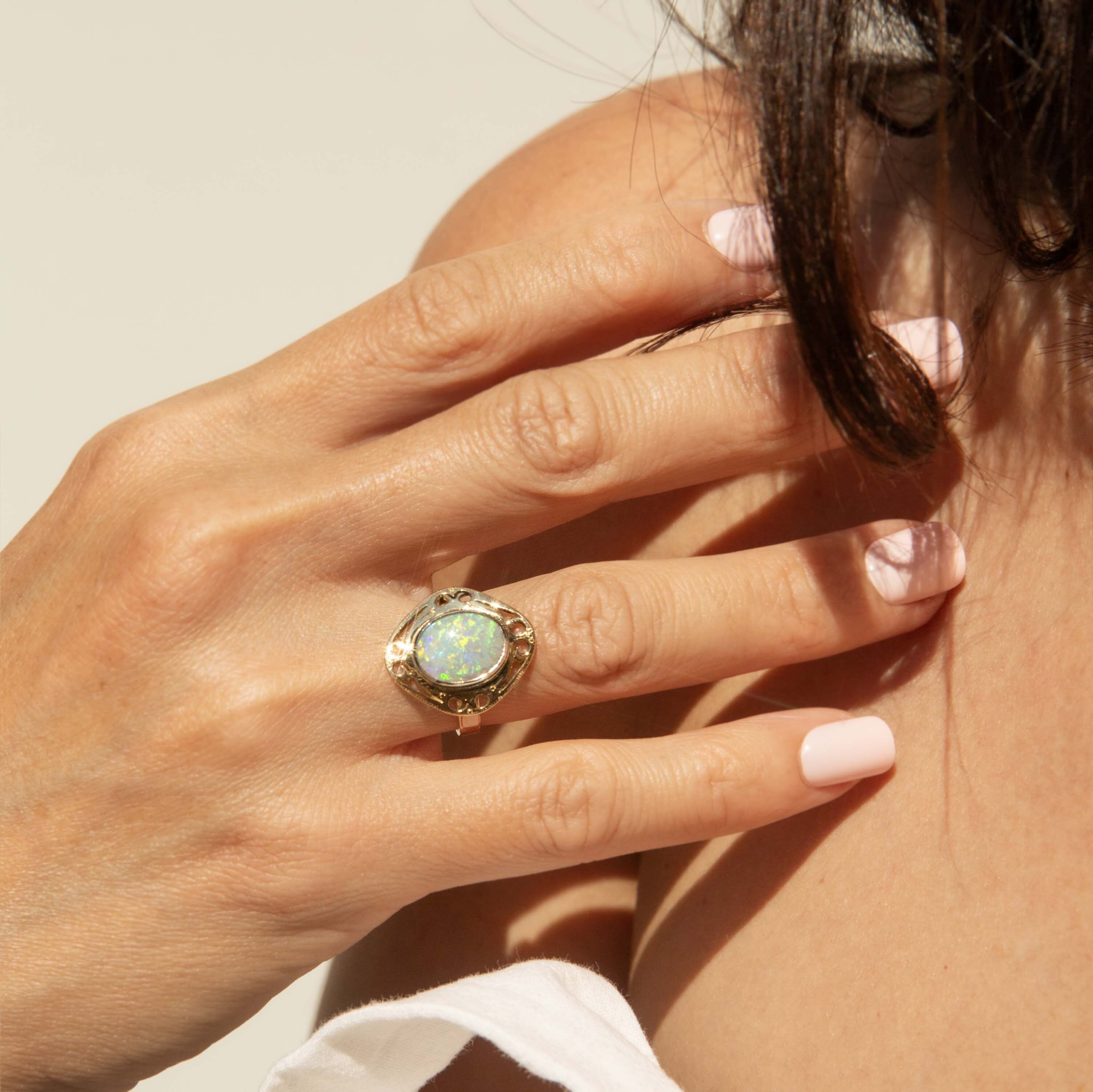 Everly Oval Opal Openwork Ring 18ct Gold Rings Imperial Jewellery 