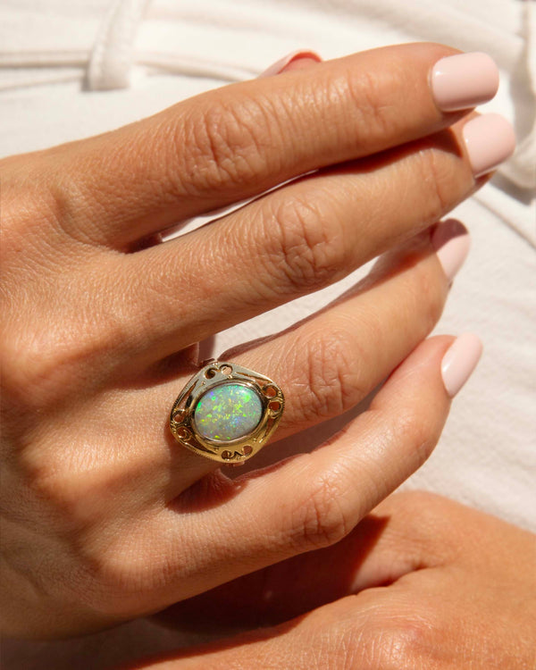 Everly Oval Opal Openwork Ring 18ct Gold Rings Imperial Jewellery 