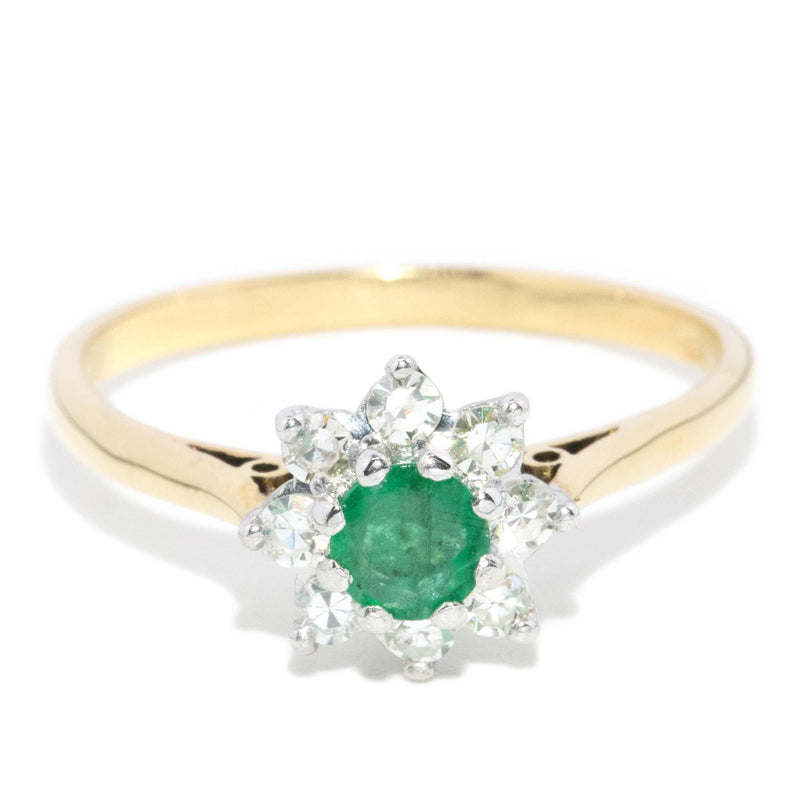Vintage 1974 Hallmarked Emerald & Diamond Cluster Ring 18 Carat Gold