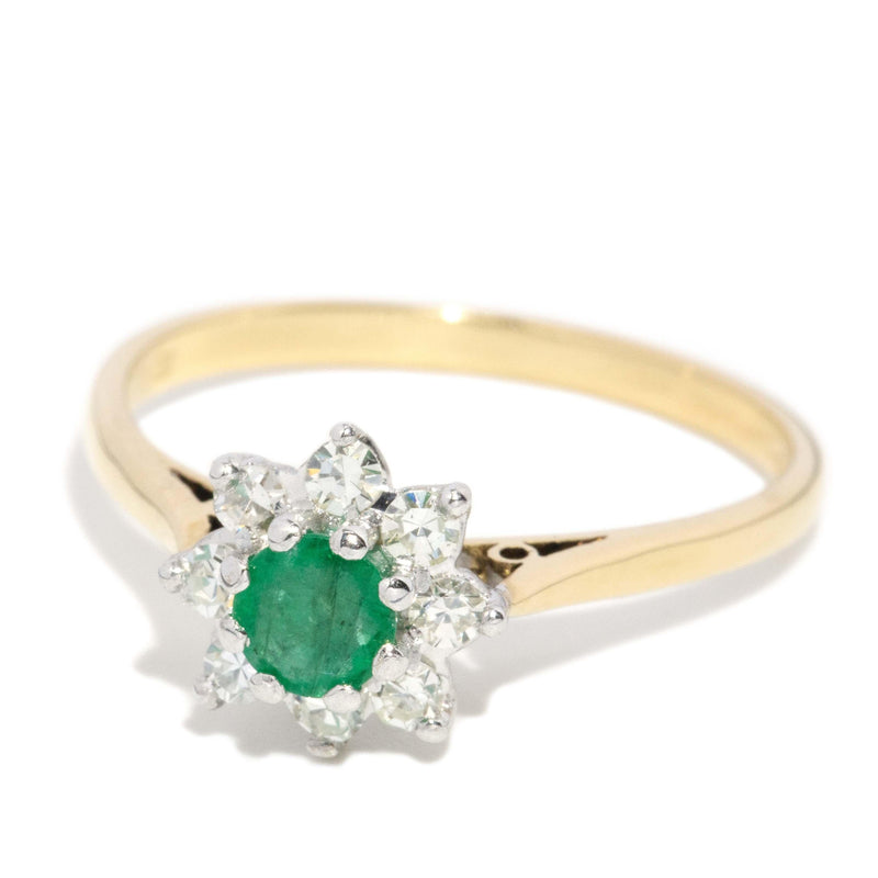 Vintage 1974 Hallmarked Emerald & Diamond Cluster Ring 18 Carat Gold