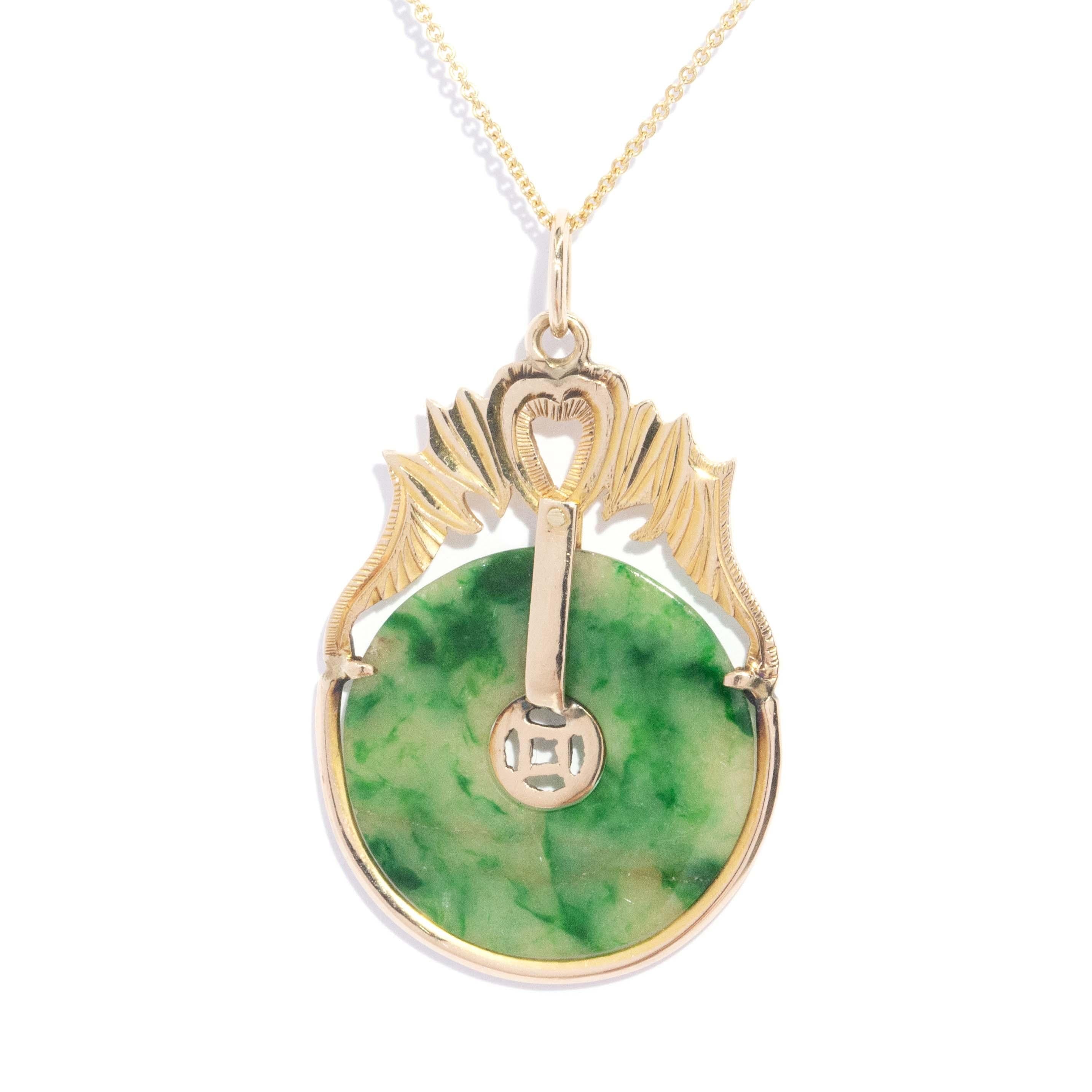 Vintage Circa 1970s Jade Disc Pendant 14 Carat Yellow Gold