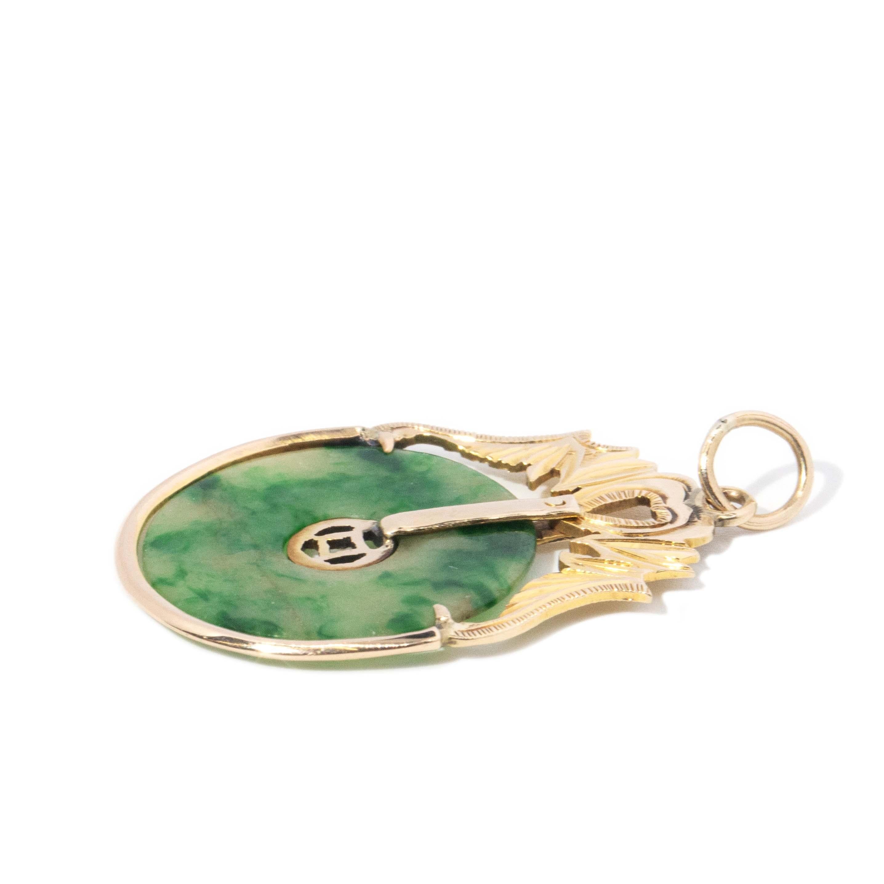 Vintage Circa 1970s Jade Disc Pendant 14 Carat Yellow Gold