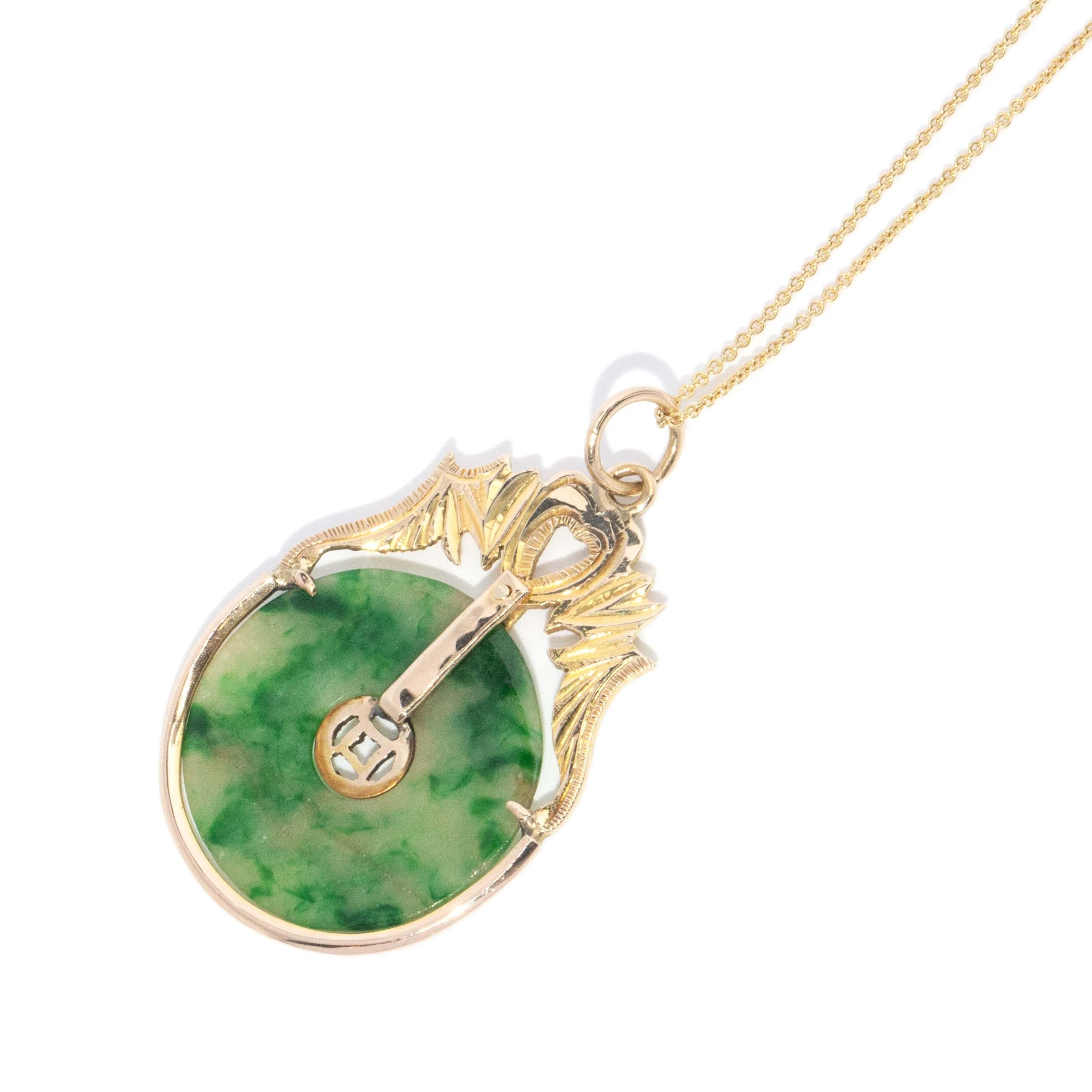 Vintage Circa 1970s Jade Disc Pendant 14 Carat Yellow Gold