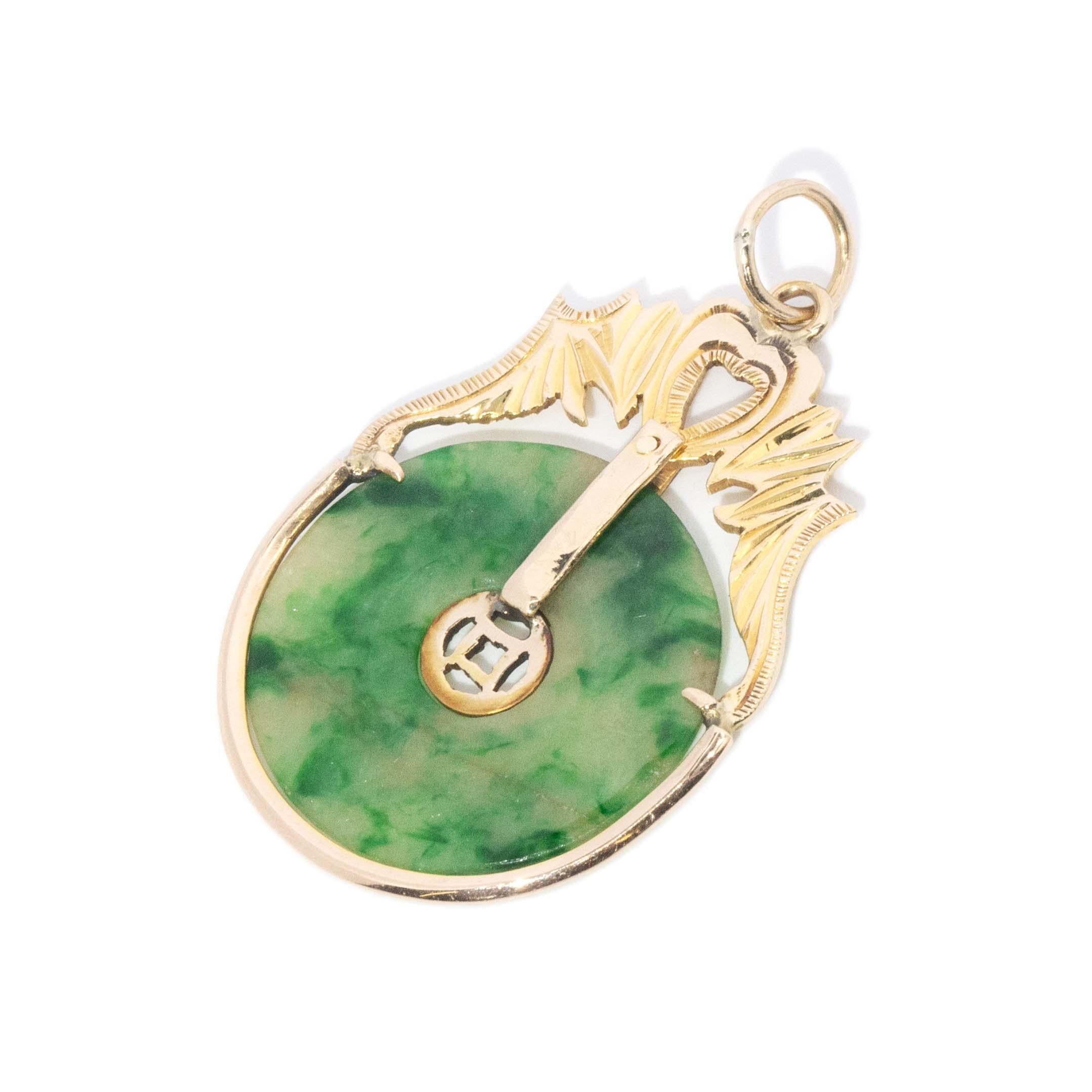Vintage Circa 1970s Jade Disc Pendant 14 Carat Yellow Gold