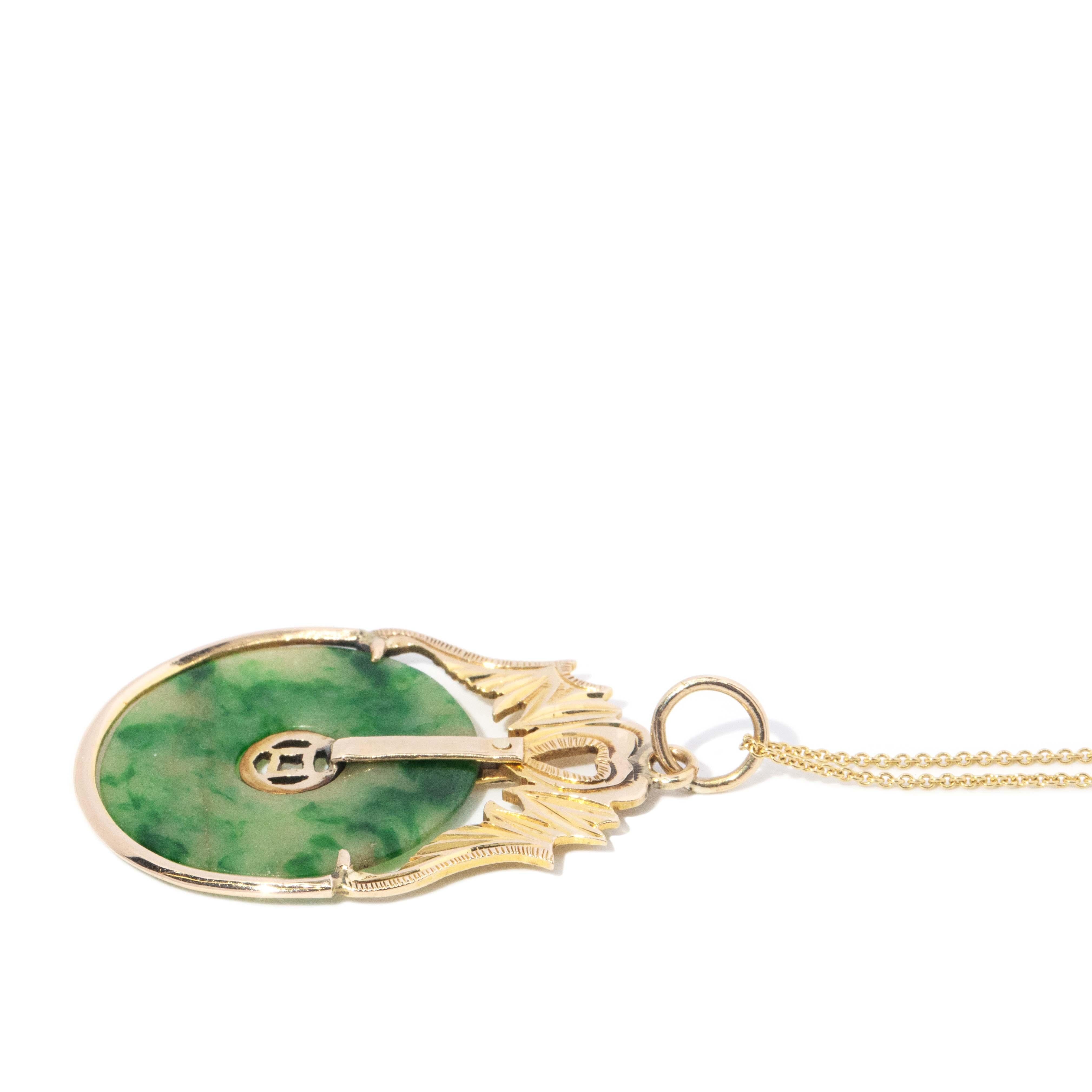 Vintage Circa 1970s Jade Disc Pendant 14 Carat Yellow Gold