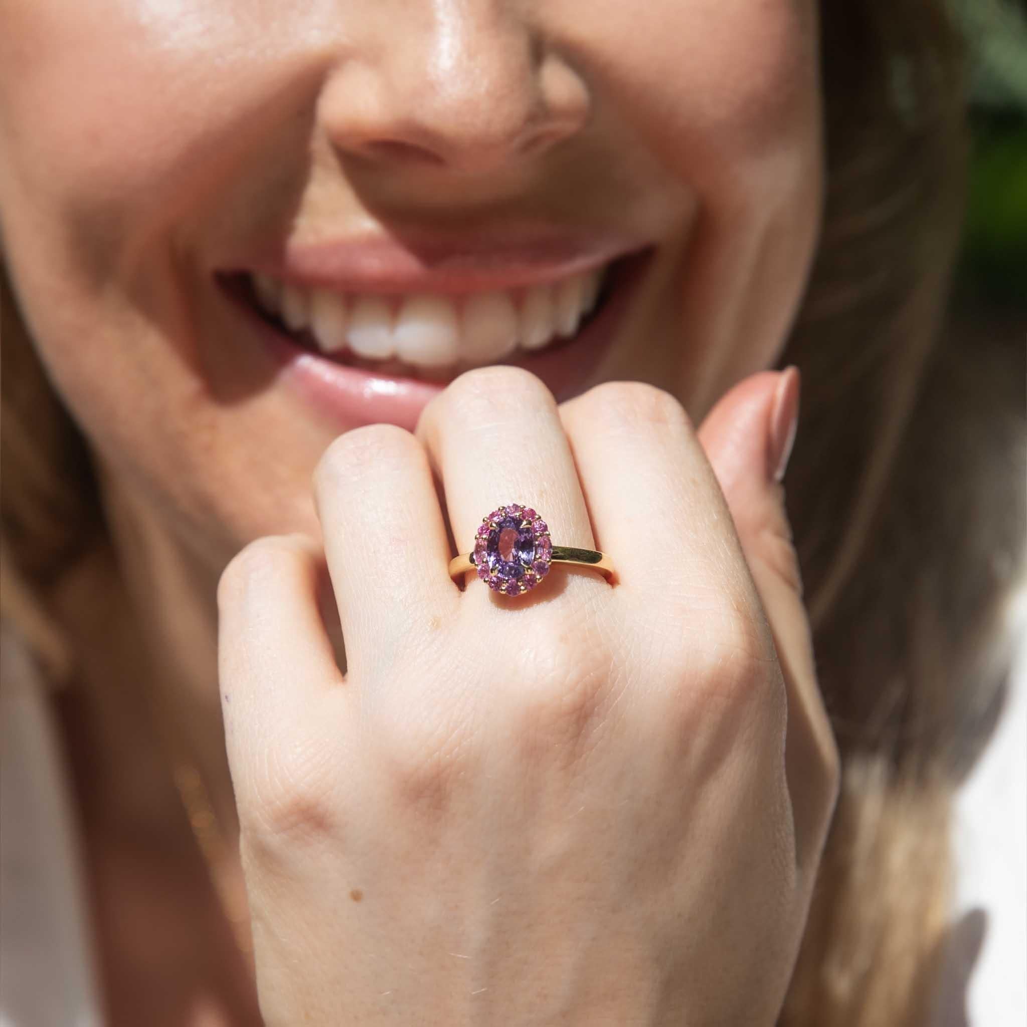 Fahari 1.63 Carat Purple & Pink Sapphire Halo Ring 18ct Gold