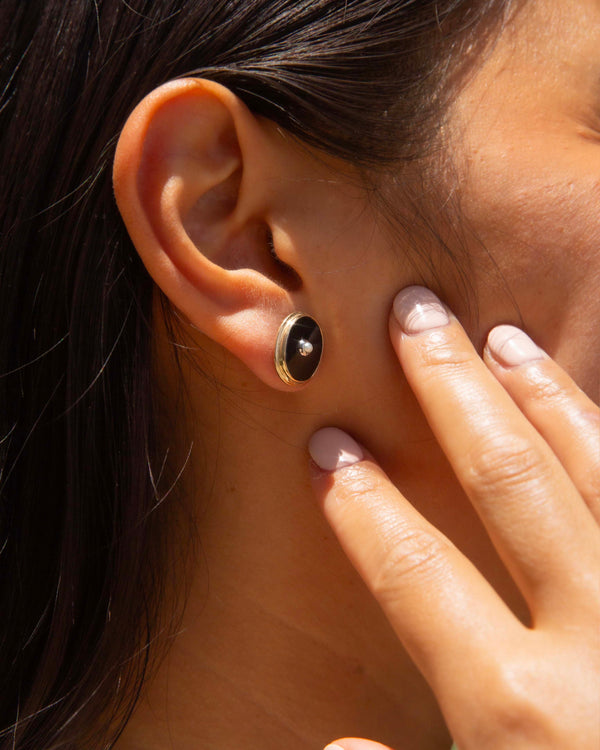 Faustine Reinvented 1970s Onyx & Seed Pearl Studs 9ct Gold Earrings Imperial Jewellery 