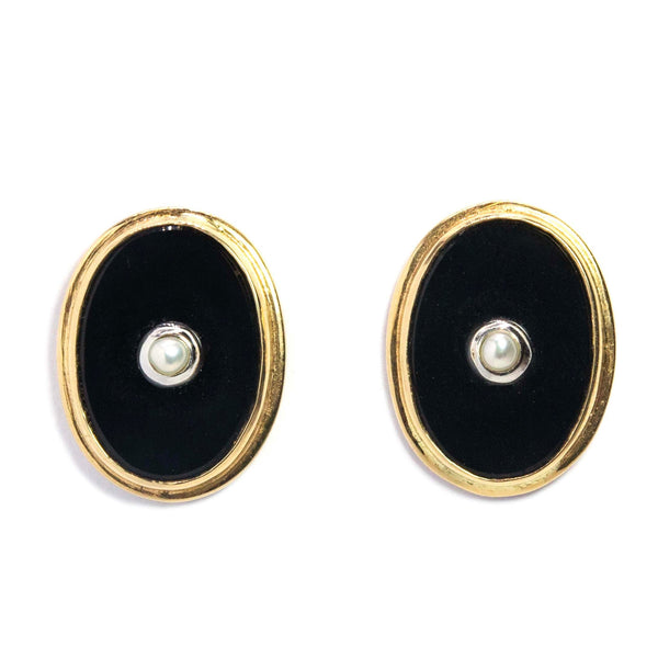 Faustine Reinvented 1970s Onyx & Seed Pearl Studs 9ct Gold Earrings Imperial Jewellery 