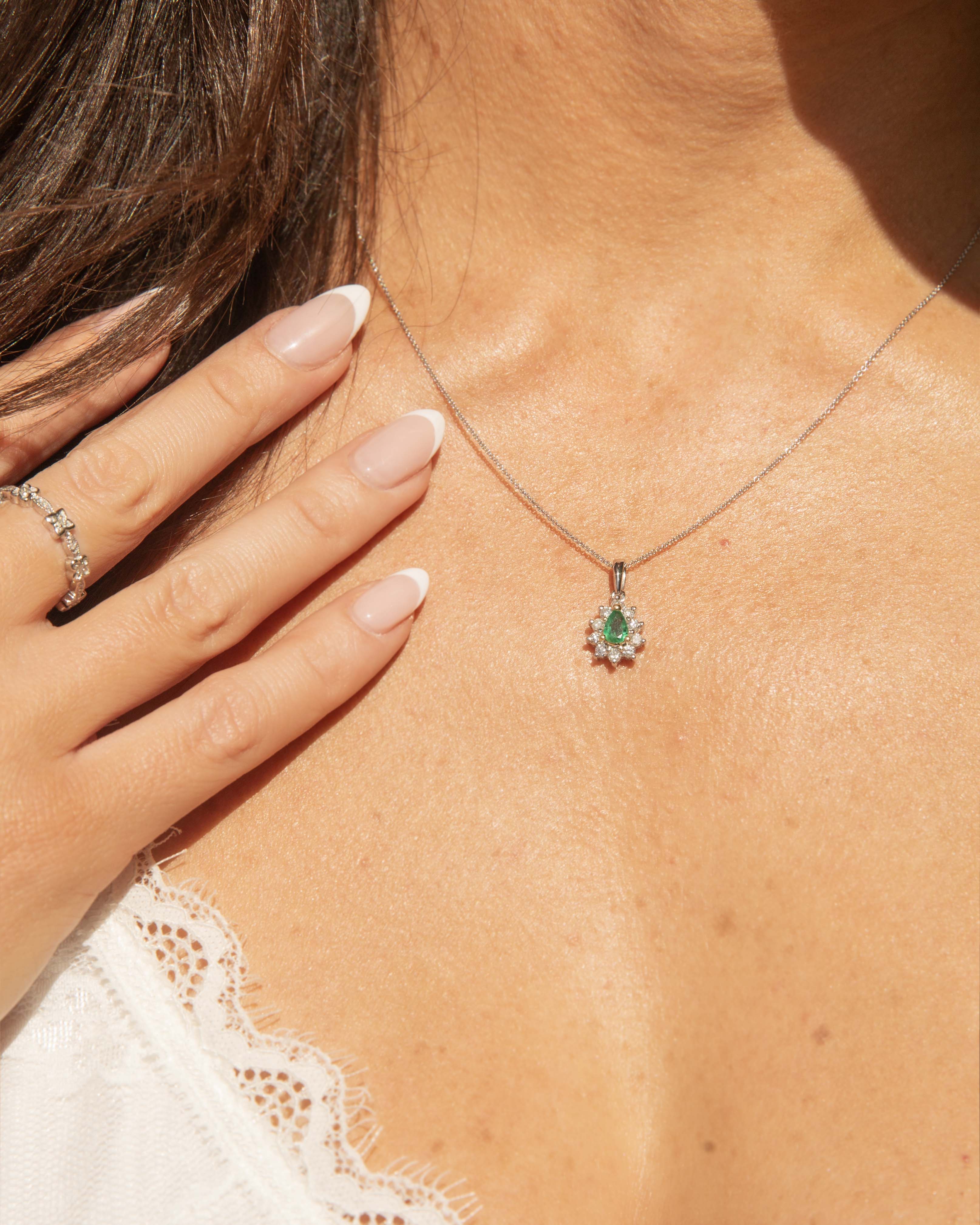 Fen Emerald & Diamond Cluster Pendant 14ct White Gold Pendants/Necklaces Imperial Jewellery 