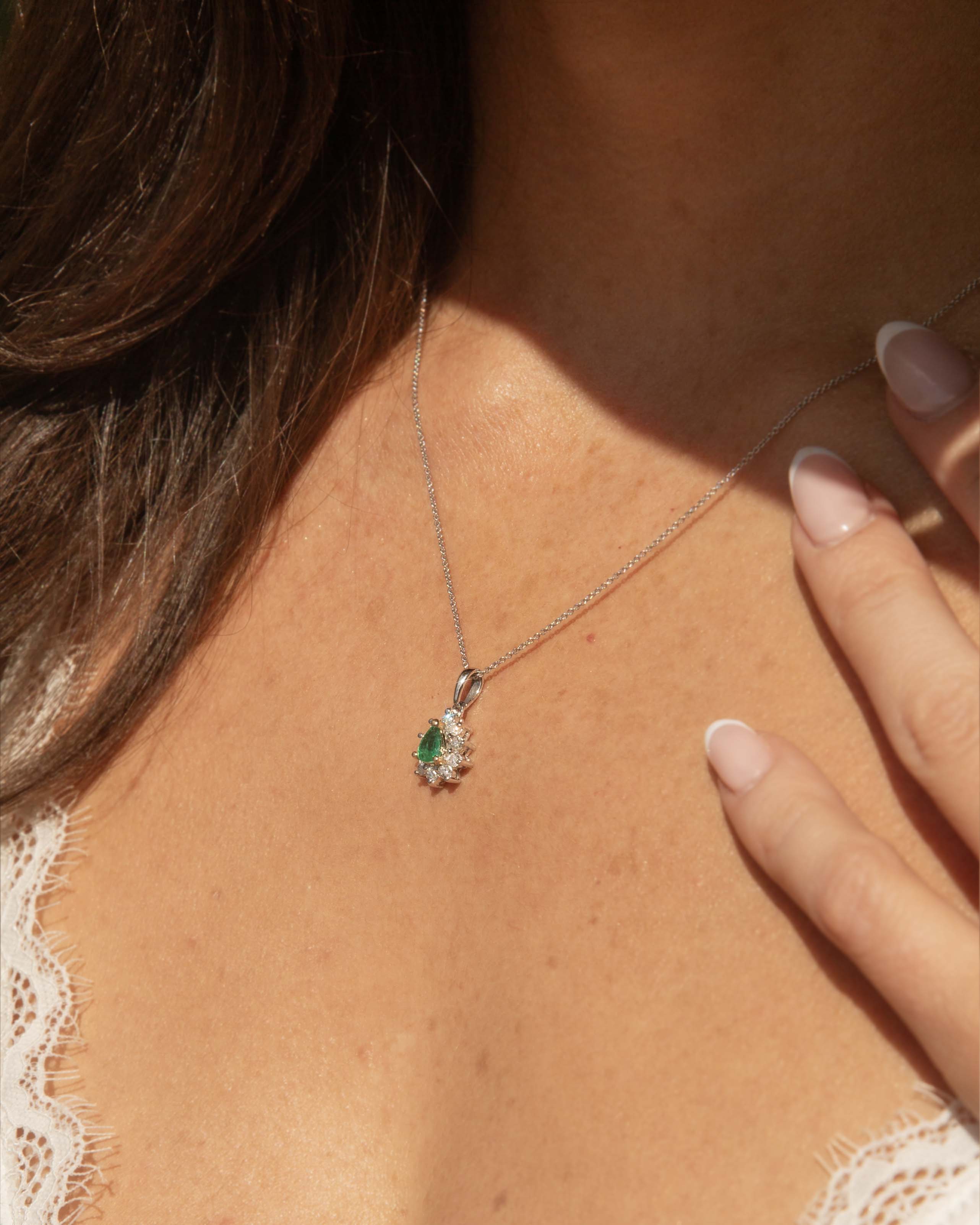Fen Emerald & Diamond Cluster Pendant 14ct White Gold Pendants/Necklaces Imperial Jewellery 