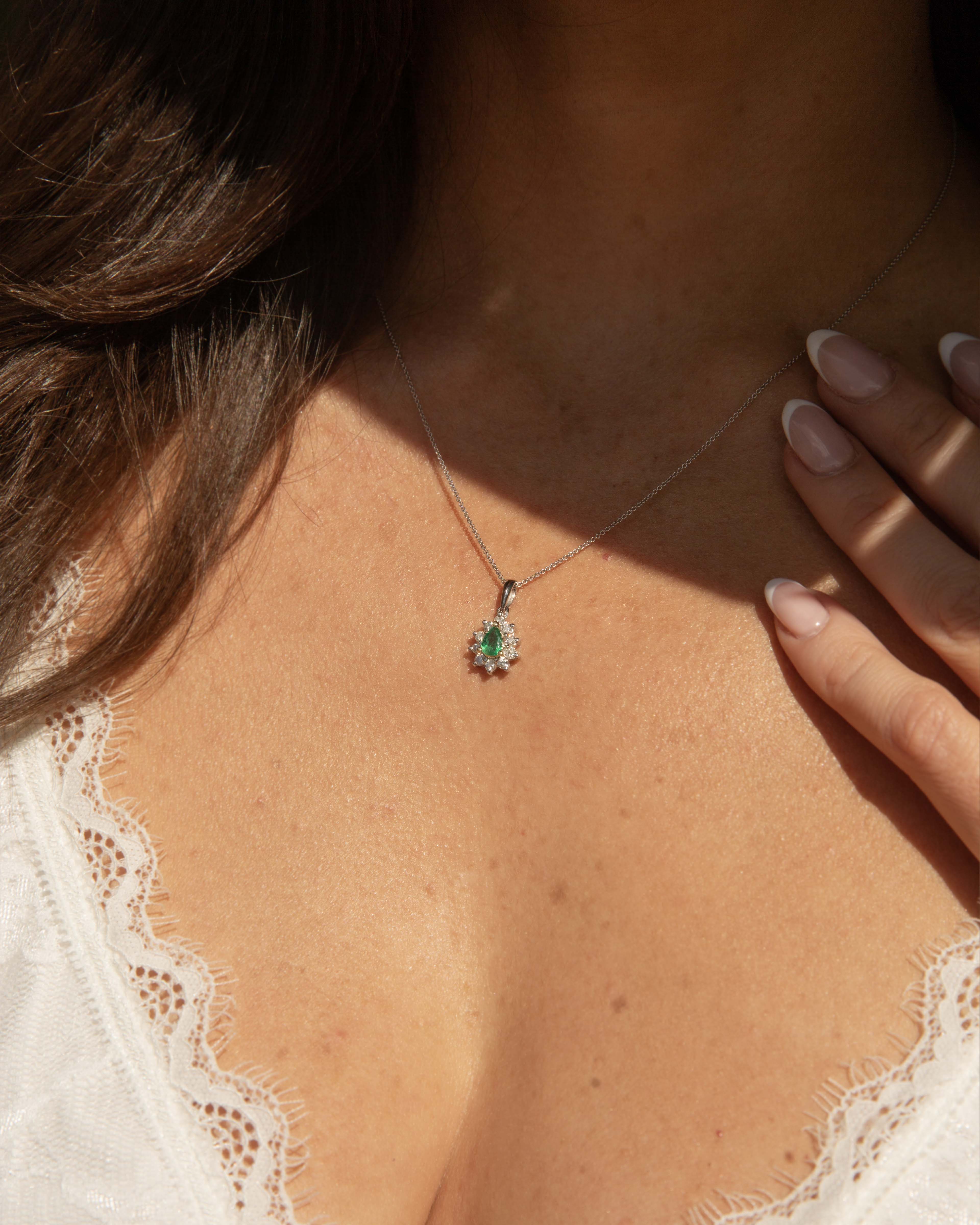 Fen Emerald & Diamond Cluster Pendant 14ct White Gold Pendants/Necklaces Imperial Jewellery 