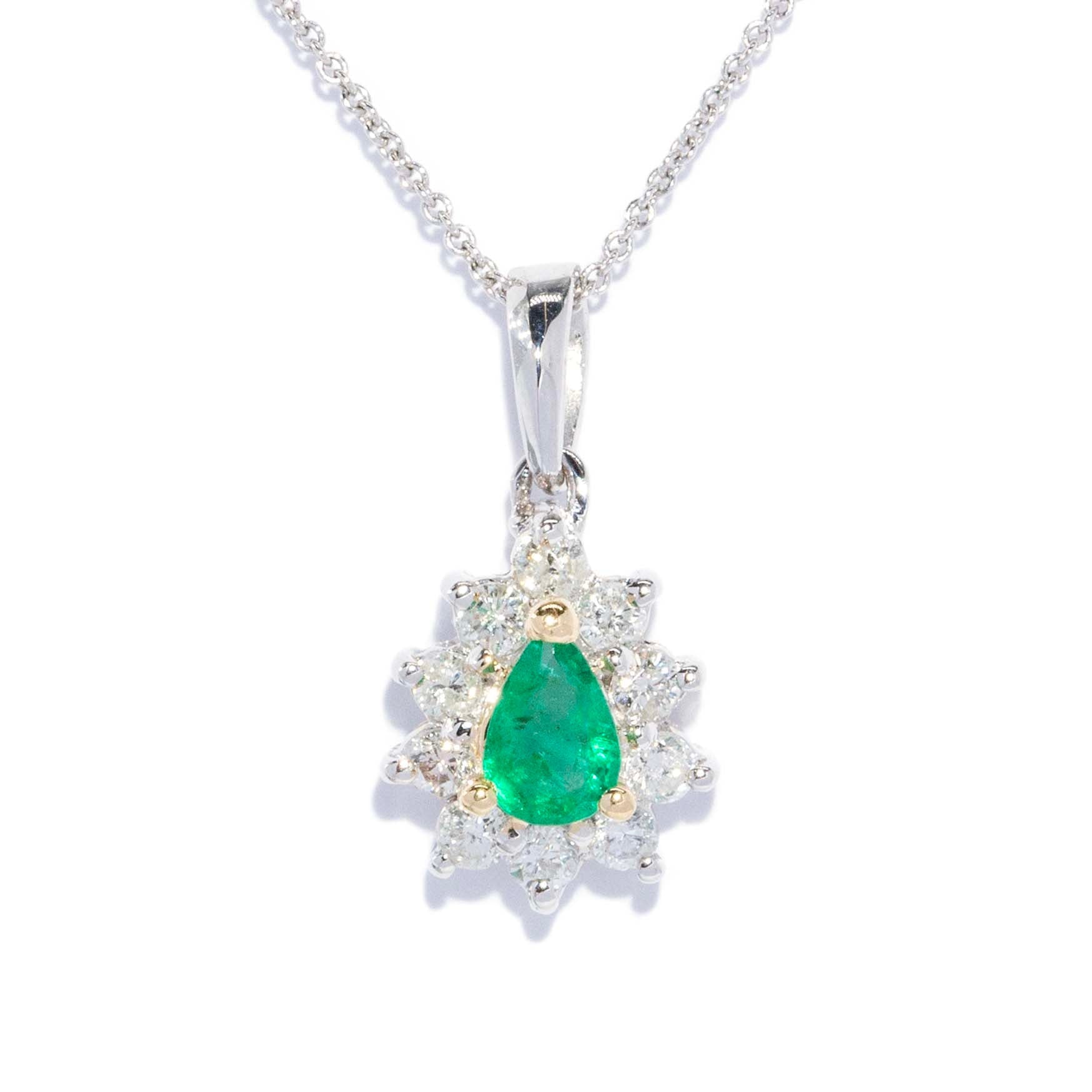 Fen Emerald & Diamond Cluster Pendant 14ct White Gold Pendants/Necklaces Imperial Jewellery 
