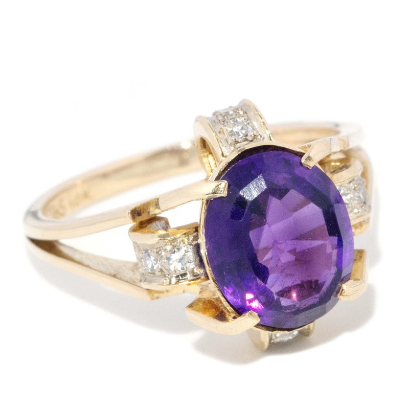 Vintage Circa 1970s Amethyst & Diamond Ring 14 Carat Gold