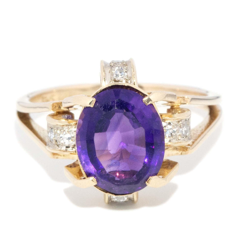 Vintage Circa 1970s Amethyst & Diamond Ring 14 Carat Gold