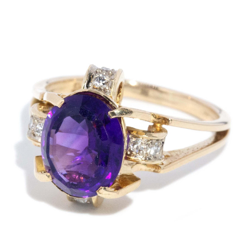 Vintage Circa 1970s Amethyst & Diamond Ring 14 Carat Gold