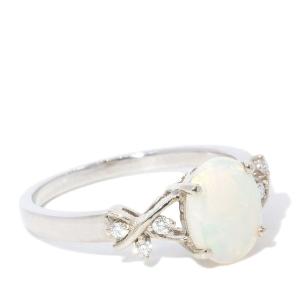 Vintage Circa 1980s Crystal Opal & Diamond Ring 14 Carat White Gold (OB)