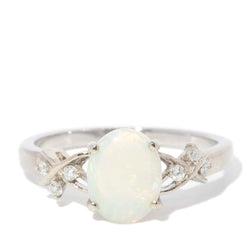 Vintage Circa 1980s Crystal Opal & Diamond Ring 14 Carat White Gold (OB)