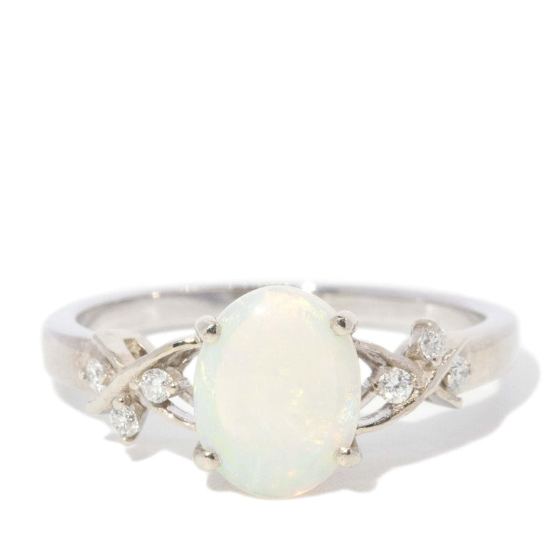 Vintage Circa 1980s Crystal Opal & Diamond Ring 14 Carat White Gold (OB)