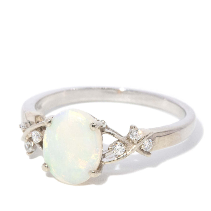 Vintage Circa 1980s Crystal Opal & Diamond Ring 14 Carat White Gold (OB)
